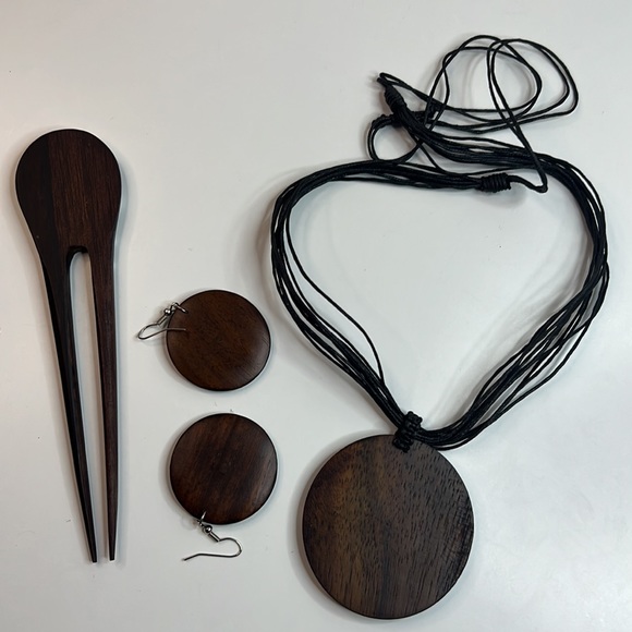 Wood Earrings Necklace Hair Comb Set - Picture 10 of 16